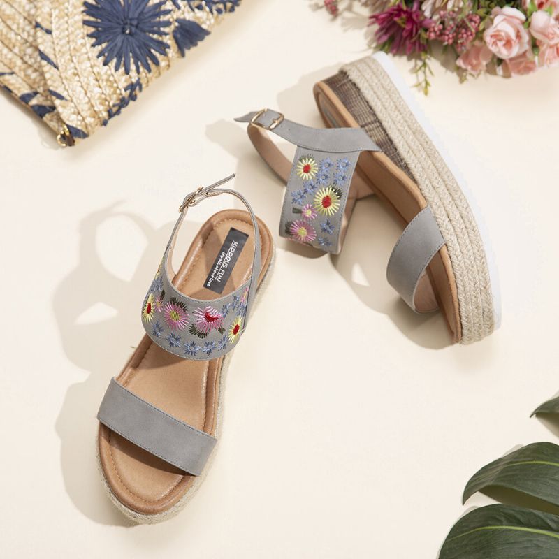 Damen Espadrilles Stickerei Blumen Schnalle Slingback Plateau Sandalen