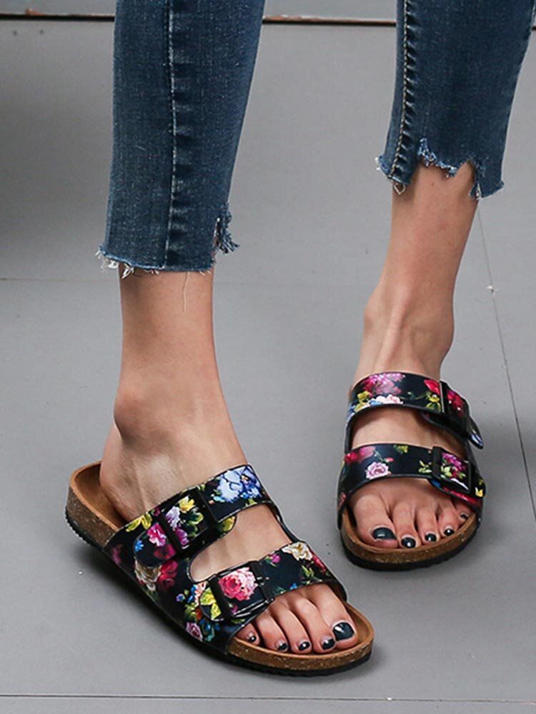 Damen-sandalen Mit Doppelter Schnalle Und Blumenmuster Und Korkfußbett