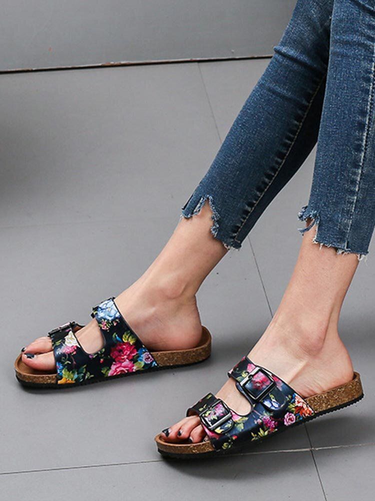 Damen-sandalen Mit Doppelter Schnalle Und Blumenmuster Und Korkfußbett