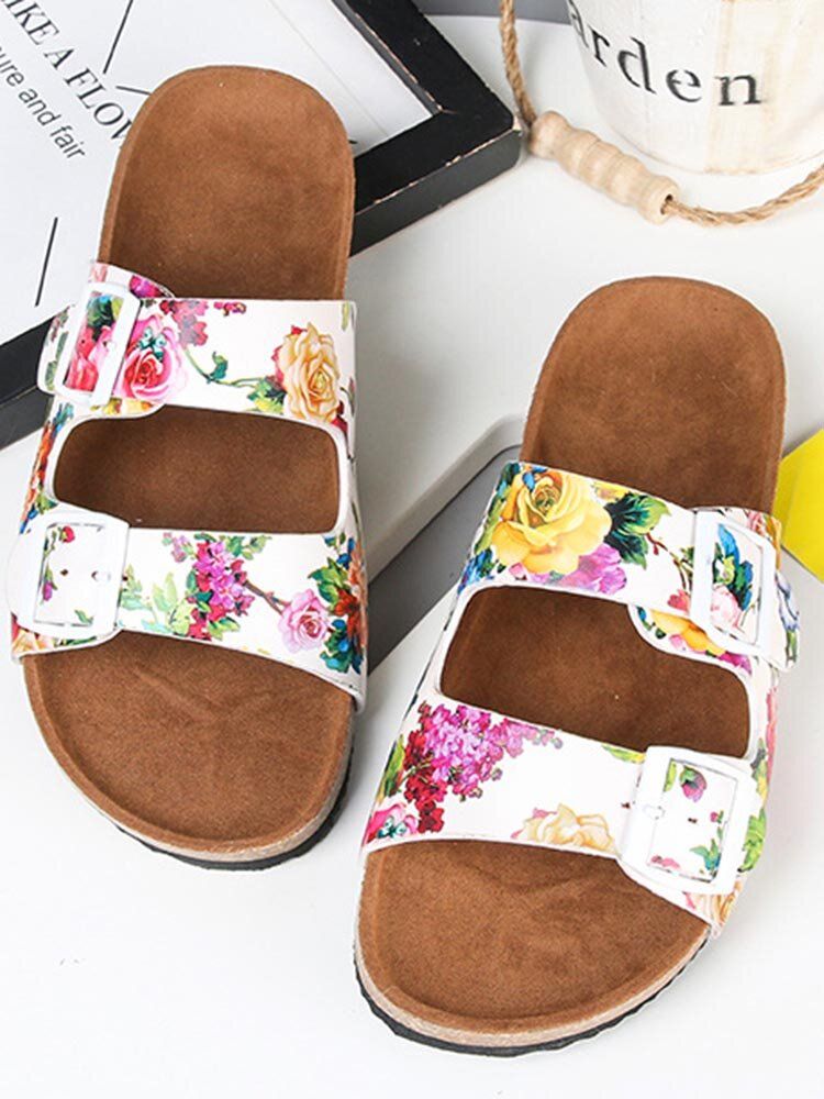 Damen-sandalen Mit Doppelter Schnalle Und Blumenmuster Und Korkfußbett