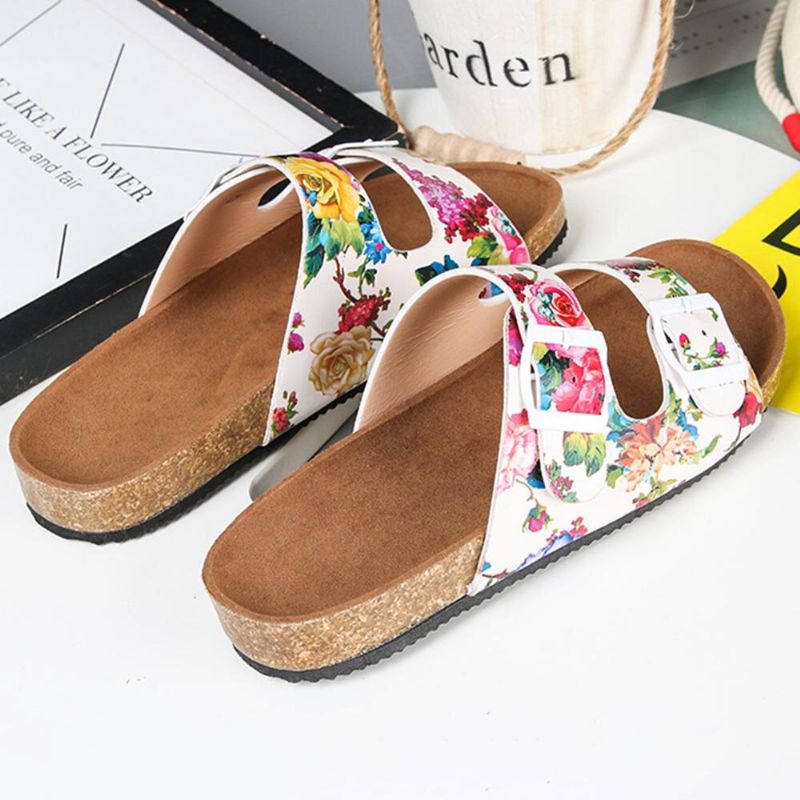 Damen-sandalen Mit Doppelter Schnalle Und Blumenmuster Und Korkfußbett