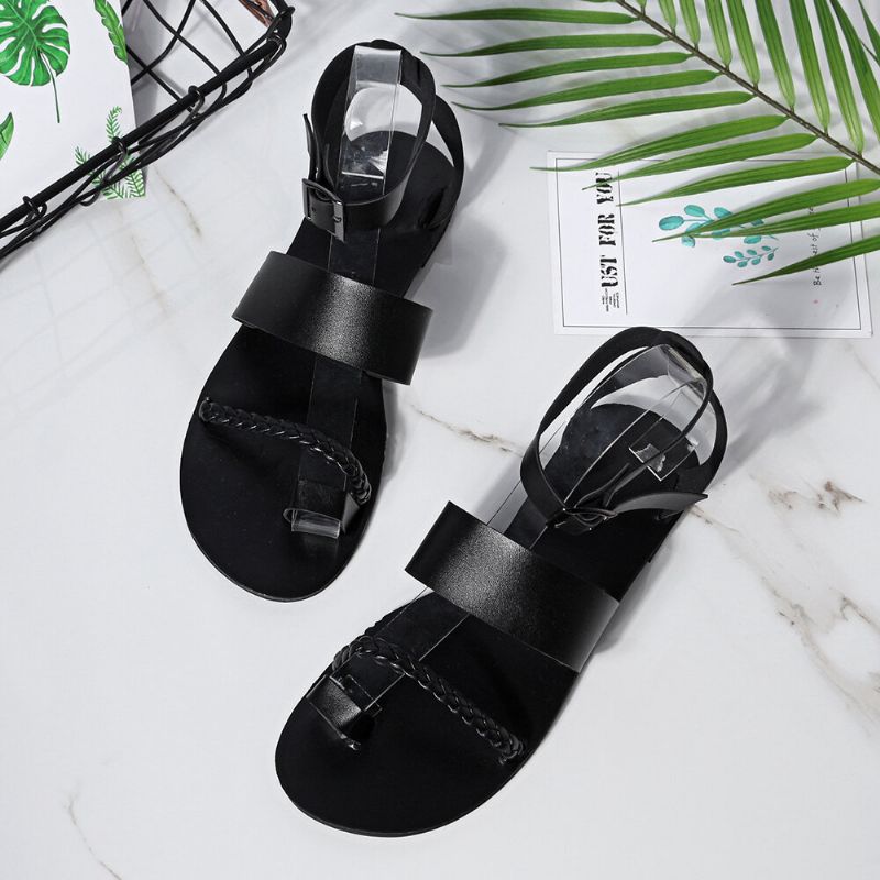 Damen Sommer Roman Black Clip Toe Buckle Strap Flache Sandalen