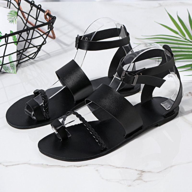 Damen Sommer Roman Black Clip Toe Buckle Strap Flache Sandalen