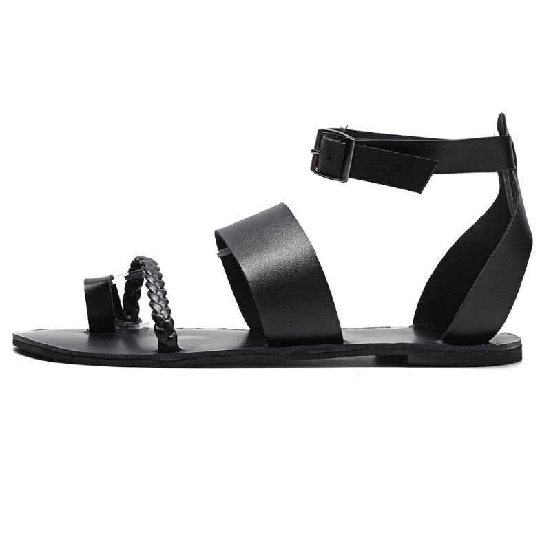 Damen Sommer Roman Black Clip Toe Buckle Strap Flache Sandalen