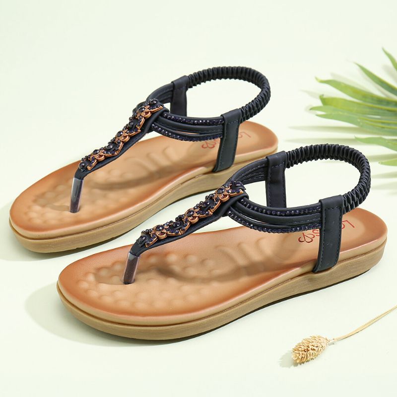 Damen T-riemen Mit Gummiband Zum Hineinschlüpfen Beiläufige Strand-sommer-flache Sandalen