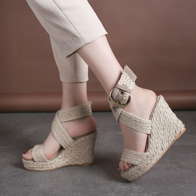 Damen Wedges Heel Geflochtene Espadrille Ankle Cross Buckle Strap Sandalen