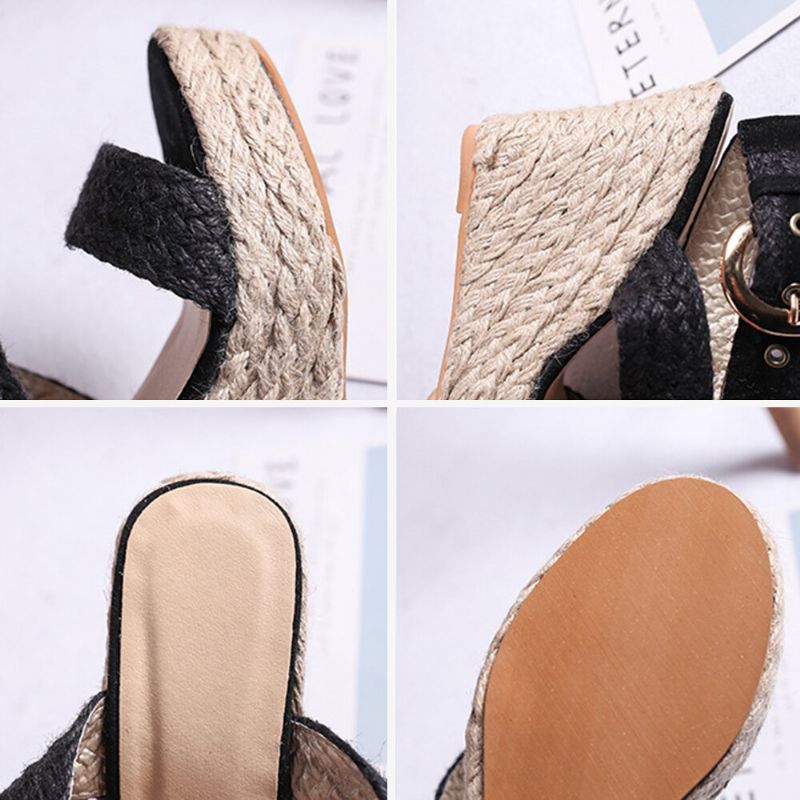 Damen Wedges Heel Geflochtene Espadrille Ankle Cross Buckle Strap Sandalen