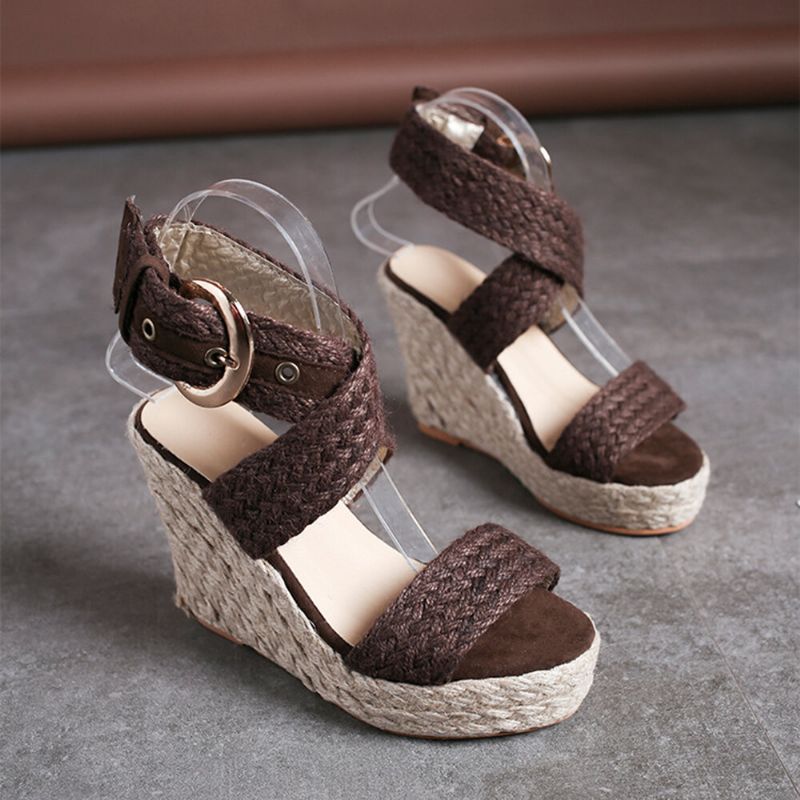 Damen Wedges Heel Geflochtene Espadrille Ankle Cross Buckle Strap Sandalen