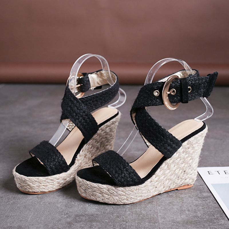 Damen Wedges Heel Geflochtene Espadrille Ankle Cross Buckle Strap Sandalen