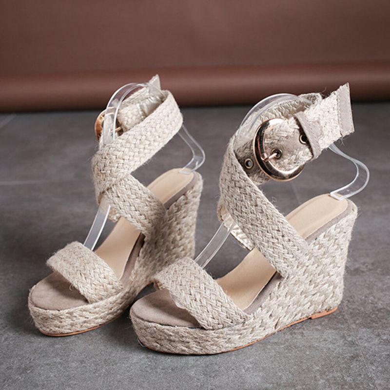 Damen Wedges Heel Geflochtene Espadrille Ankle Cross Buckle Strap Sandalen