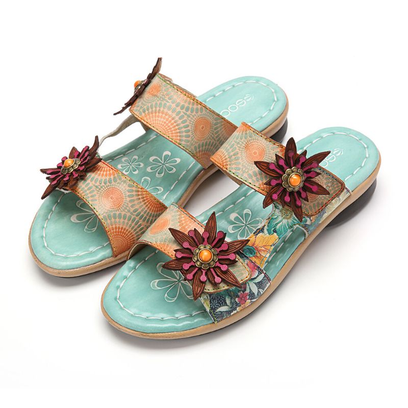 Echtes Leder Bequeme Halcyon Beach Vacation Bohemian Ethnic Floral Decor Slide Sandalen