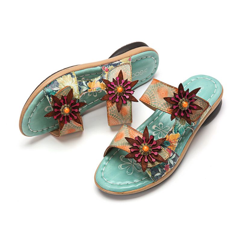 Echtes Leder Bequeme Halcyon Beach Vacation Bohemian Ethnic Floral Decor Slide Sandalen