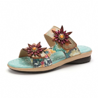 Echtes Leder Bequeme Halcyon Beach Vacation Bohemian Ethnic Floral Decor Slide Sandalen