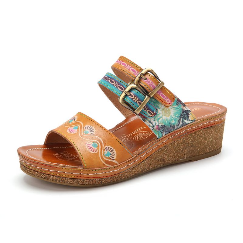 Echtes Leder Bequeme Halcyon Beach Vacation Bohemian Ethnic Gürtelschnalle Dekor Wedges Sandalen