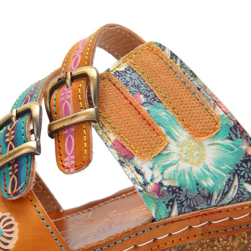 Echtes Leder Bequeme Halcyon Beach Vacation Bohemian Ethnic Gürtelschnalle Dekor Wedges Sandalen