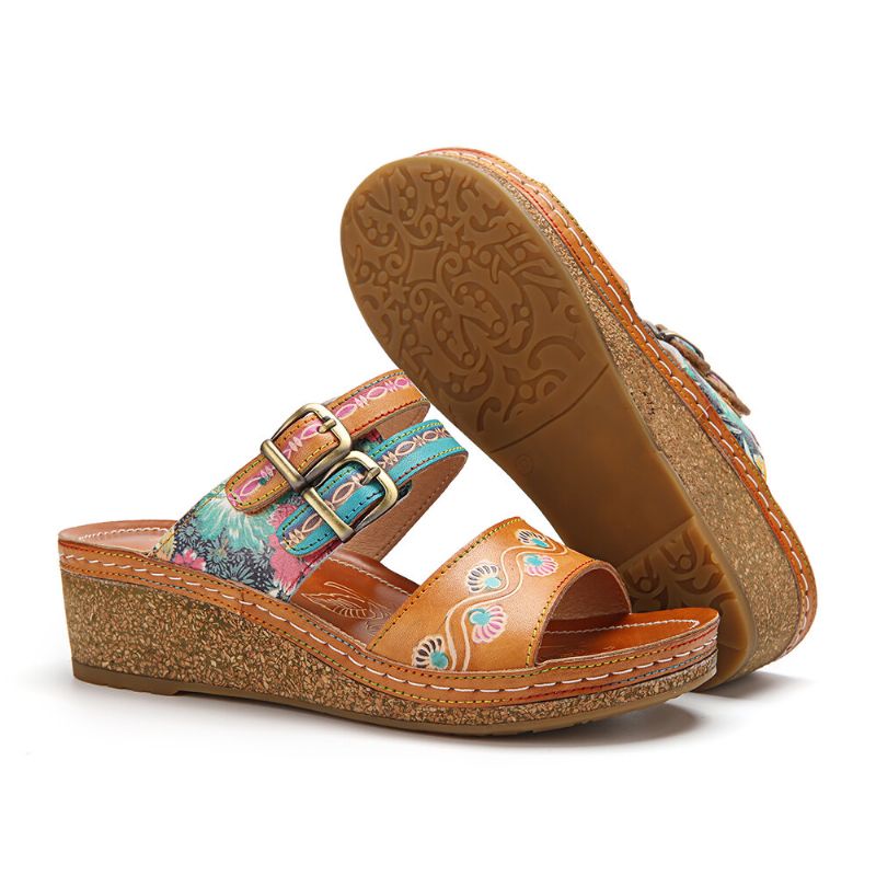 Echtes Leder Bequeme Halcyon Beach Vacation Bohemian Ethnic Gürtelschnalle Dekor Wedges Sandalen