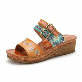 Echtes Leder Bequeme Halcyon Beach Vacation Bohemian Ethnic Gürtelschnalle Dekor Wedges Sandalen