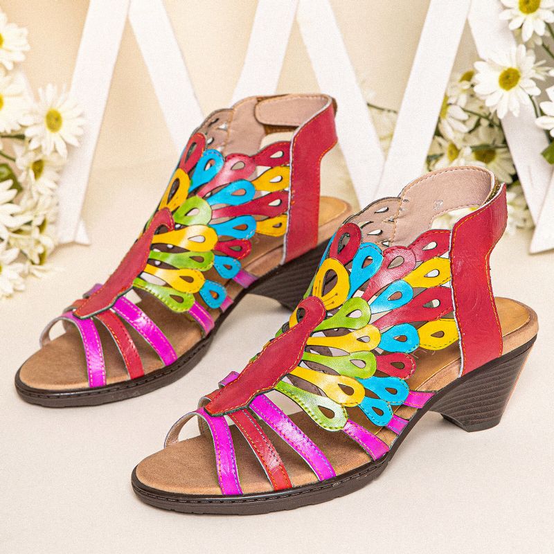 Echtes Leder Bequeme Sommerferien Bohemian Ethnic Colorblock Sandaletten Mit Absatz