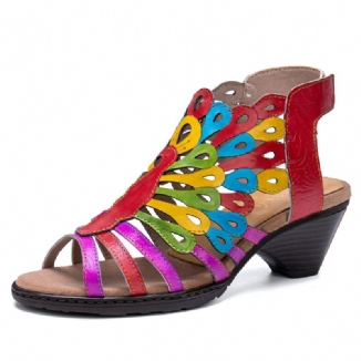 Echtes Leder Bequeme Sommerferien Bohemian Ethnic Colorblock Sandaletten Mit Absatz