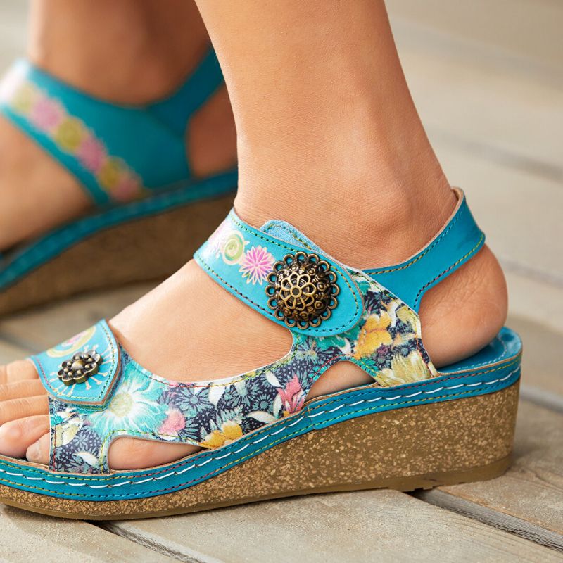 Echtes Leder Bequeme Sommerferien Bohemian Ethnic Floral Hook Loop Wedges Sandalen