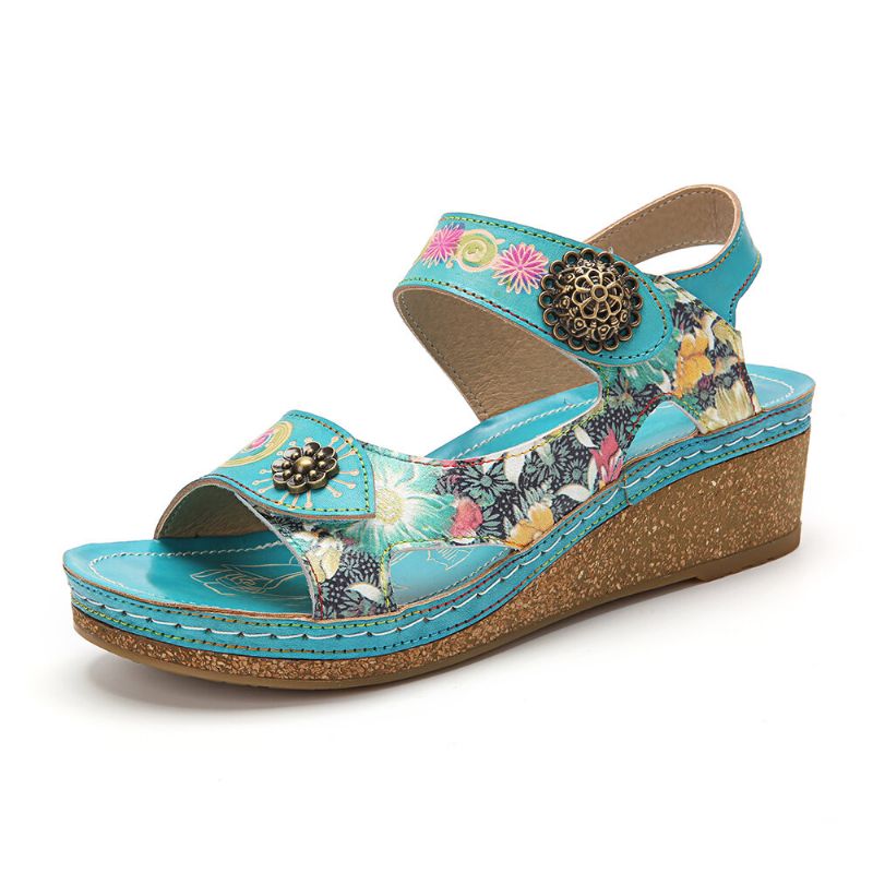 Echtes Leder Bequeme Sommerferien Bohemian Ethnic Floral Hook Loop Wedges Sandalen