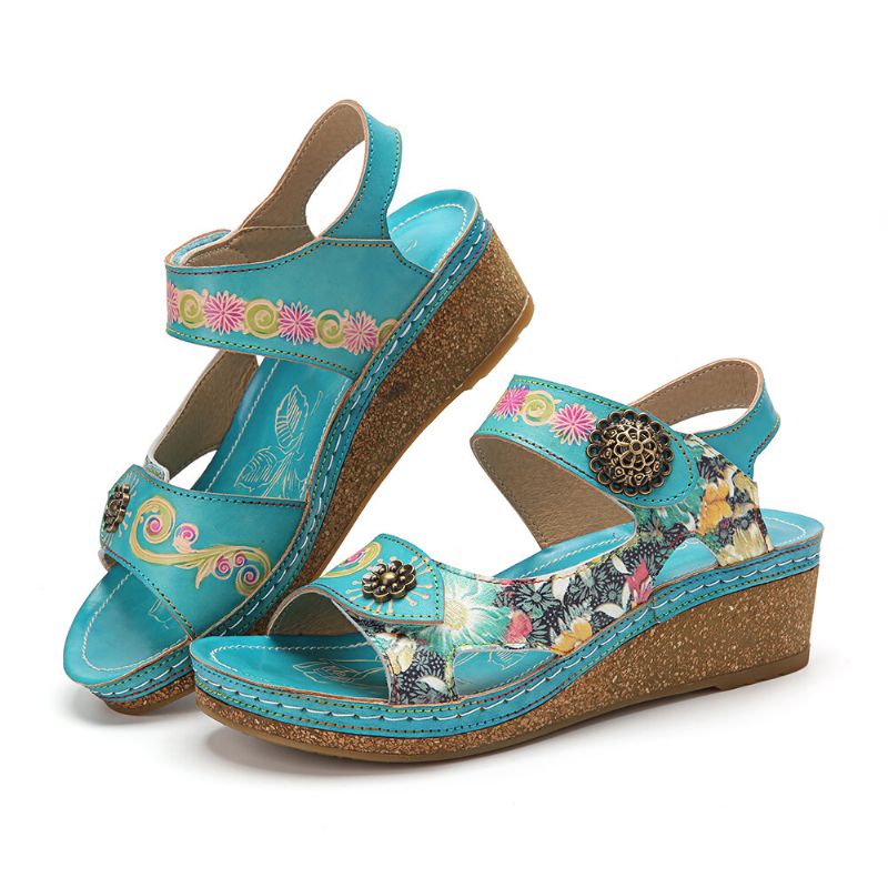 Echtes Leder Bequeme Sommerferien Bohemian Ethnic Floral Hook Loop Wedges Sandalen