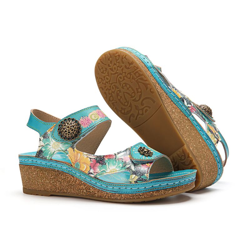 Echtes Leder Bequeme Sommerferien Bohemian Ethnic Floral Hook Loop Wedges Sandalen