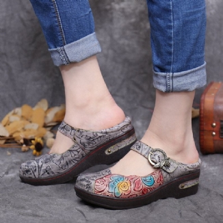 Echtlederschuhe Mit Retro-prägung Und Rosenmetallblättern Und Schnallenriemen