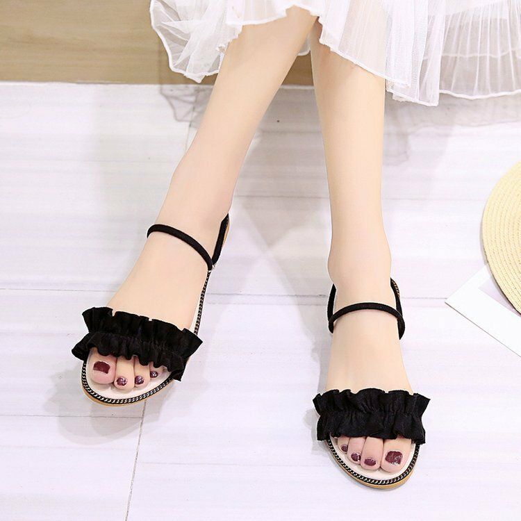 Einfarbige Damen-sandalen Mit Doppelband Und Spitzenband