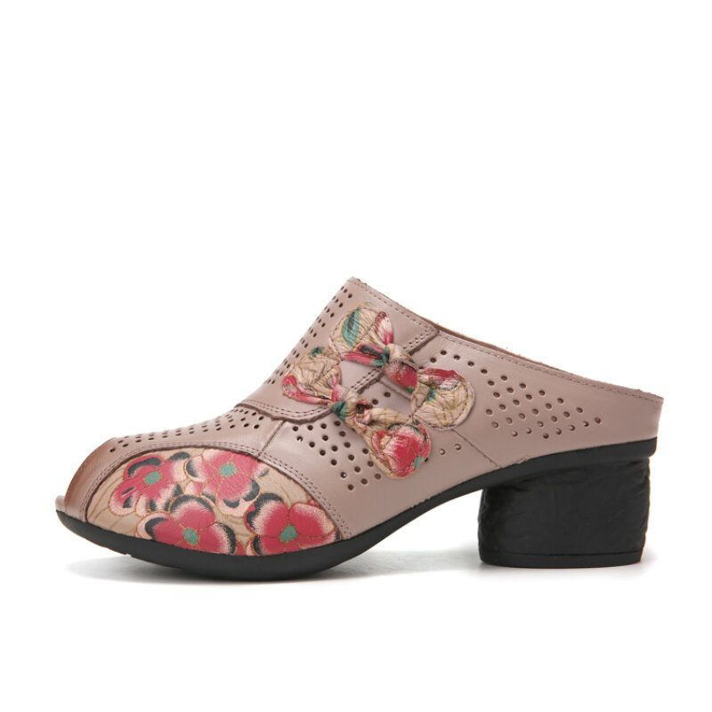 Ethno Blumen Bowknot Dekor Aushöhlen Bedruckte Rindsleder Peep Toe Heel Sandas.