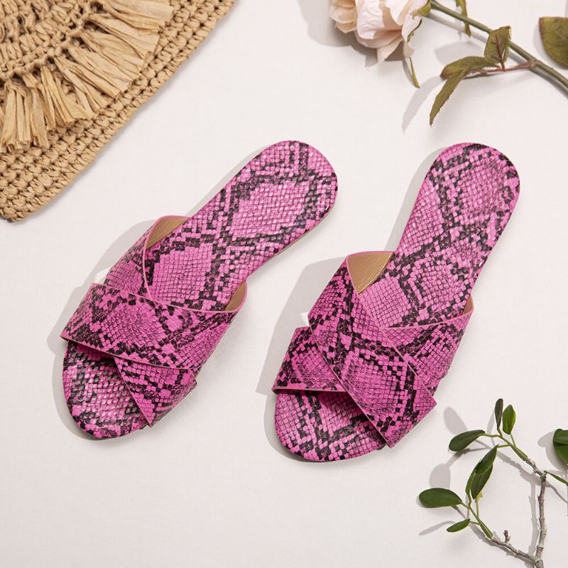 Flache Damen-sandalen Mit Schlangenhaut-print Und Kreuzgürtel