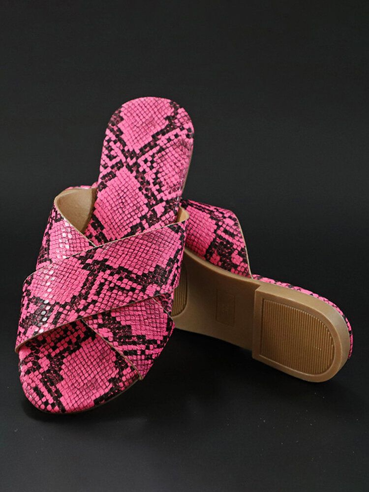 Flache Damen-sandalen Mit Schlangenhaut-print Und Kreuzgürtel