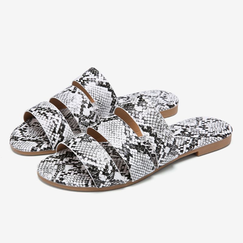 Flache Damen-sandalen Mit Schlangenleder-print Und Dreifachem Gürtel