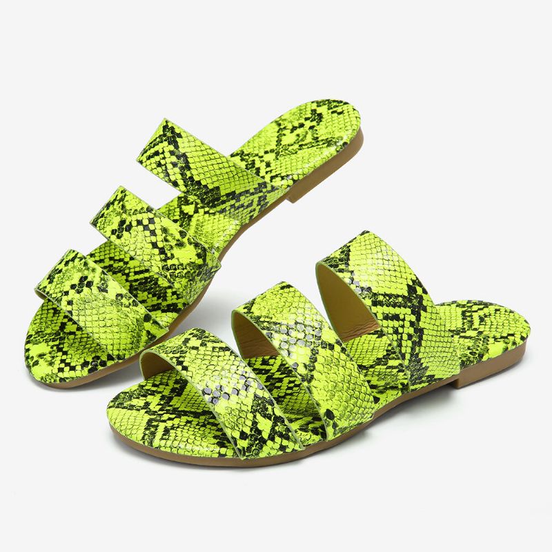 Flache Damen-sandalen Mit Schlangenleder-print Und Dreifachem Gürtel