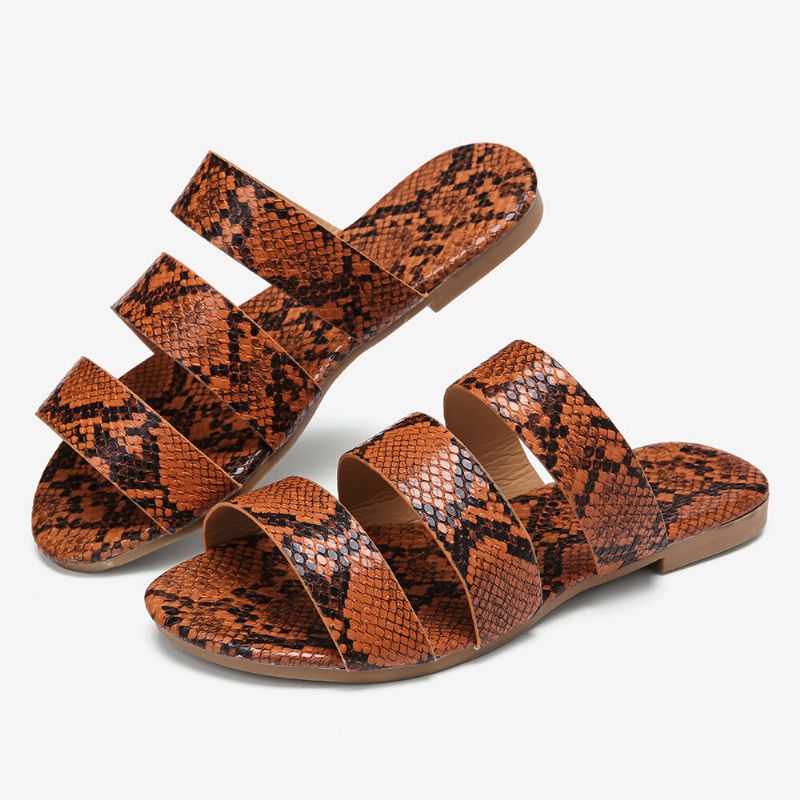 Flache Damen-sandalen Mit Schlangenleder-print Und Dreifachem Gürtel