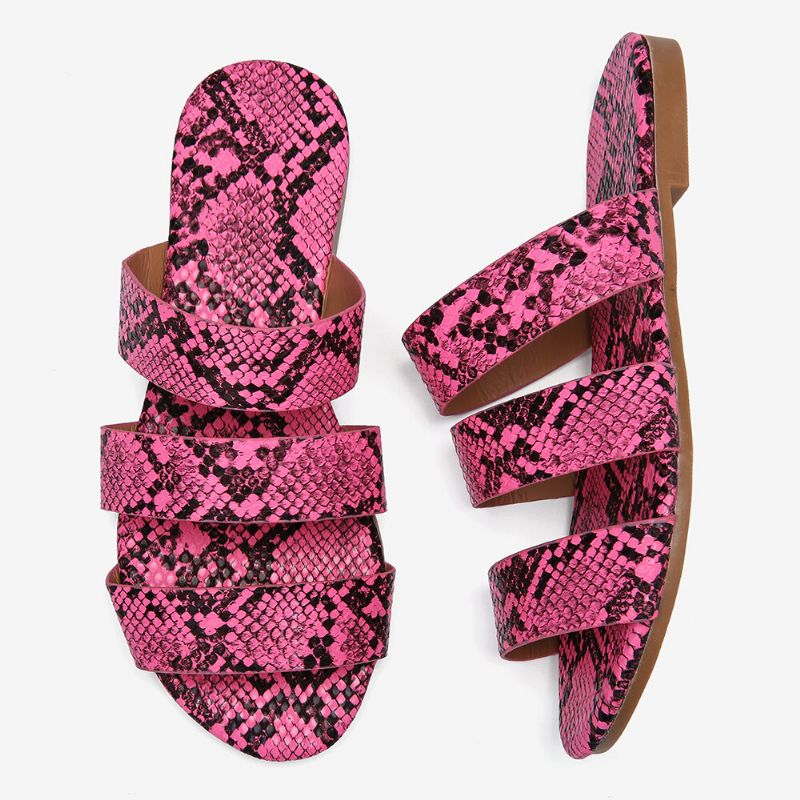 Flache Damen-sandalen Mit Schlangenleder-print Und Dreifachem Gürtel