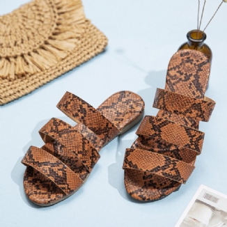 Flache Damen-sandalen Mit Schlangenleder-print Und Dreifachem Gürtel