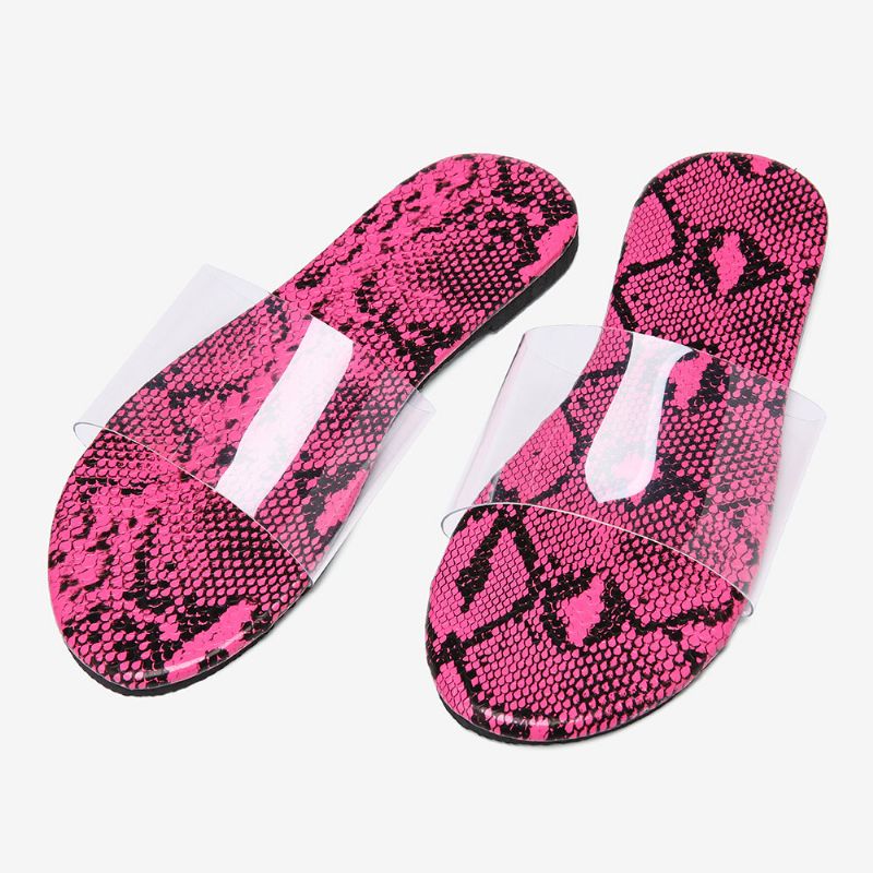 Flache Damensandalen Mit Schlangenleder-print Und Transparentem Gürtel