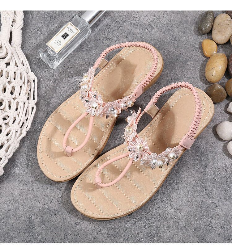 Frauen Blumen Dekor Clip Toe Flats Slip On Sandalen