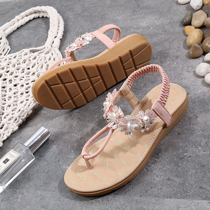 Frauen Blumen Dekor Clip Toe Flats Slip On Sandalen