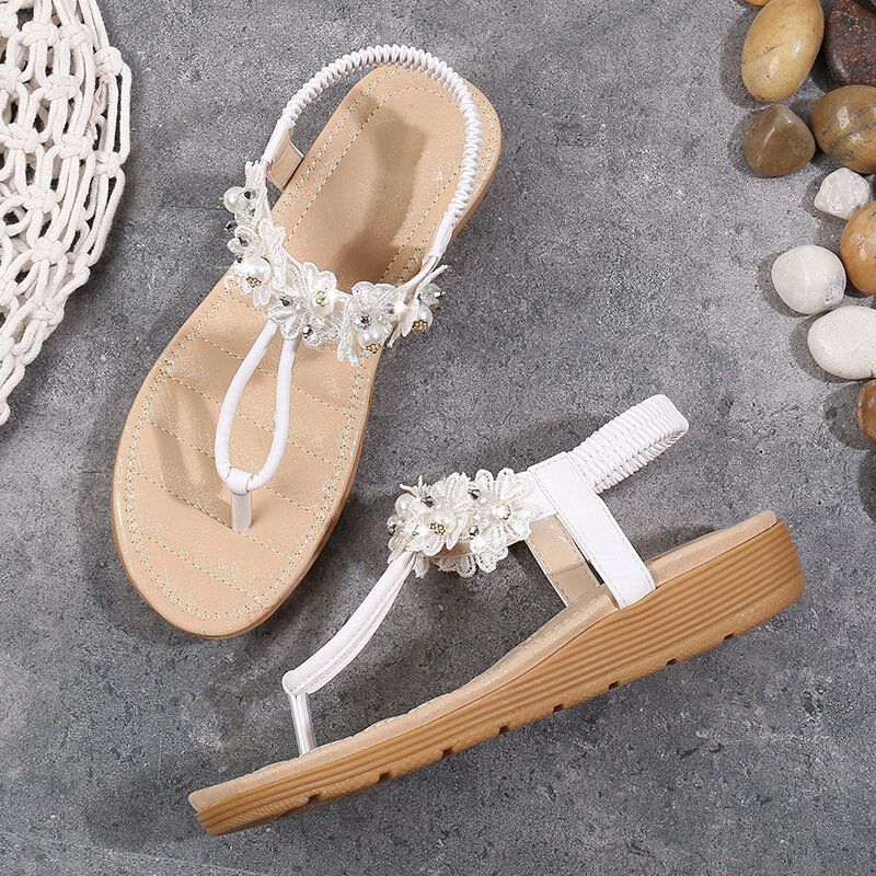 Frauen Blumen Dekor Clip Toe Flats Slip On Sandalen