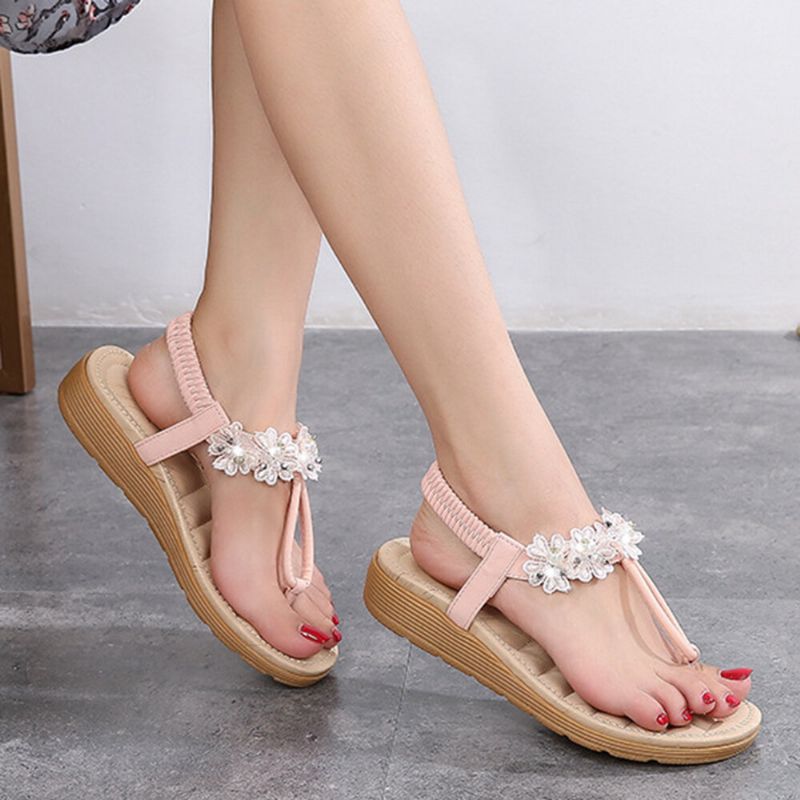 Frauen Blumen Dekor Clip Toe Flats Slip On Sandalen