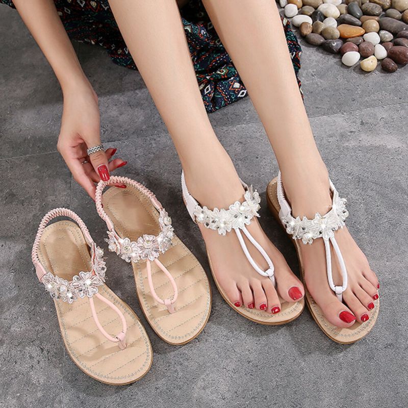 Frauen Blumen Dekor Clip Toe Flats Slip On Sandalen