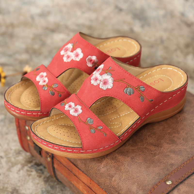 Frauen-blumen-stickerei-offene Zehen-beiläufige Sommer-keil-sandalen