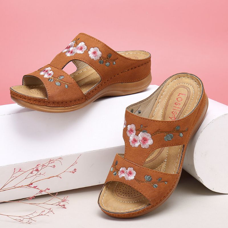 Frauen-blumen-stickerei-offene Zehen-beiläufige Sommer-keil-sandalen