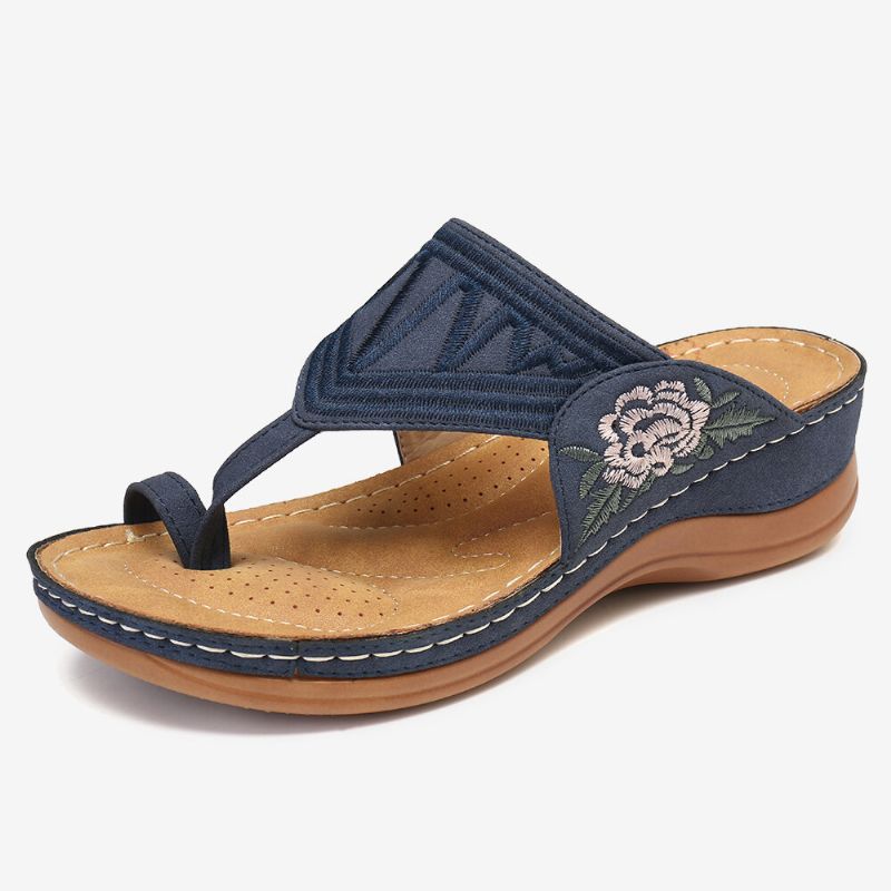 Frauen-blumen-stickerei-zehen-ring-bequeme Beiläufige Tägliche Sommer-keil-sandalen