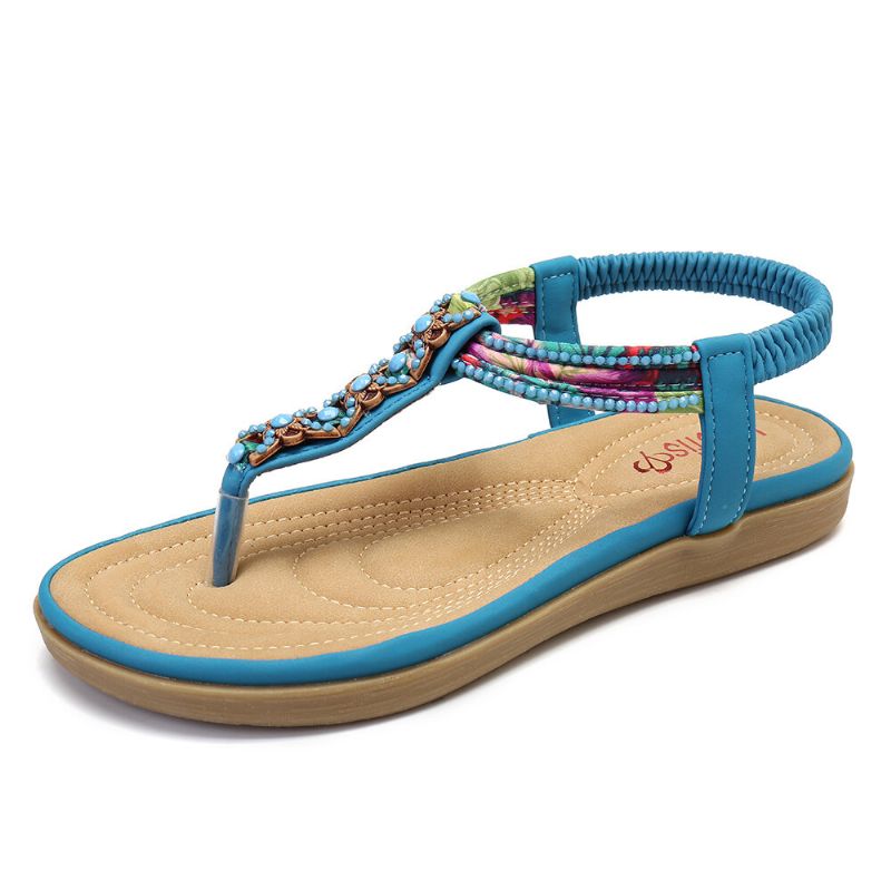 Frauen Böhmen Perlen Gummiband Clip Toe Weiche Sohle Kausal Sommer Flache Sandalen