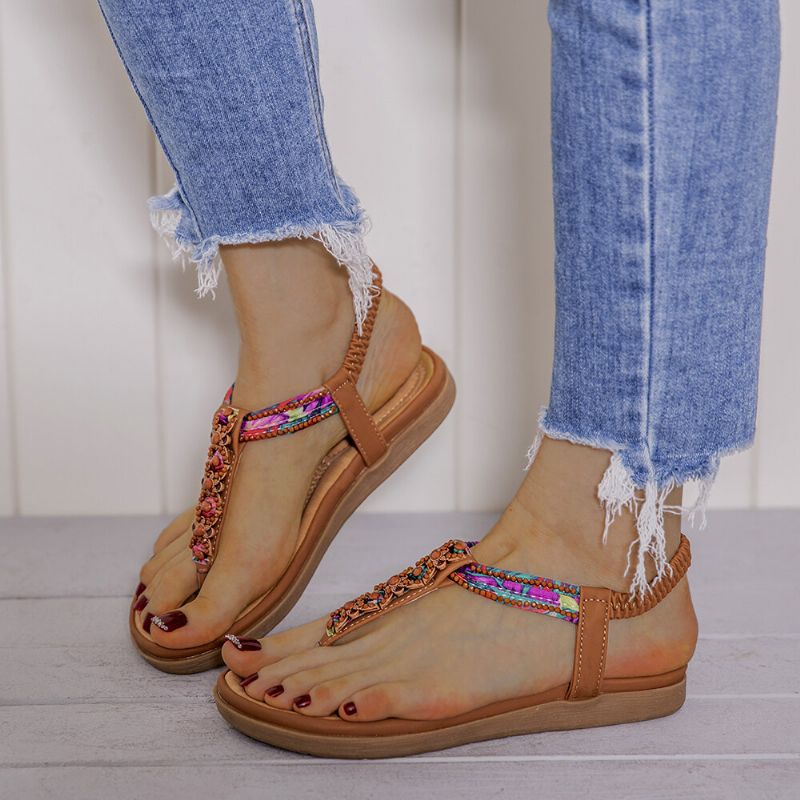 Frauen Böhmen Perlen Gummiband Clip Toe Weiche Sohle Kausal Sommer Flache Sandalen