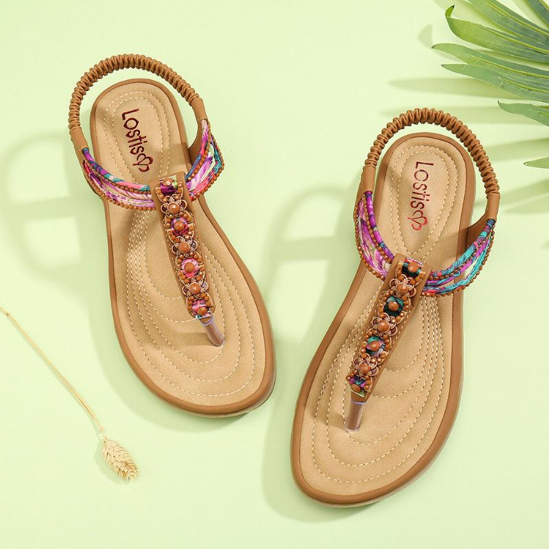 Frauen Böhmen Perlen Gummiband Clip Toe Weiche Sohle Kausal Sommer Flache Sandalen