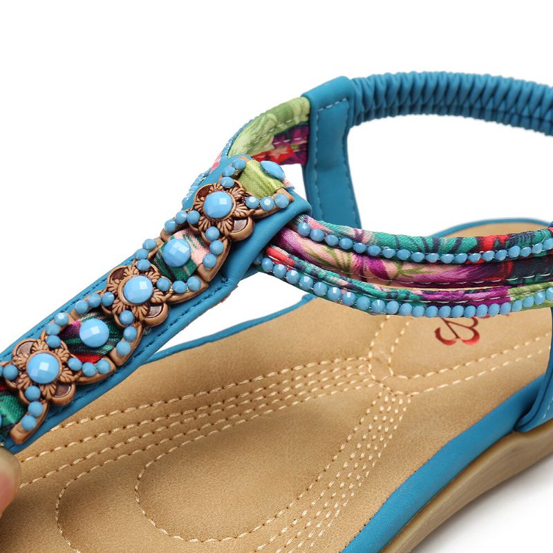 Frauen Böhmen Perlen Gummiband Clip Toe Weiche Sohle Kausal Sommer Flache Sandalen